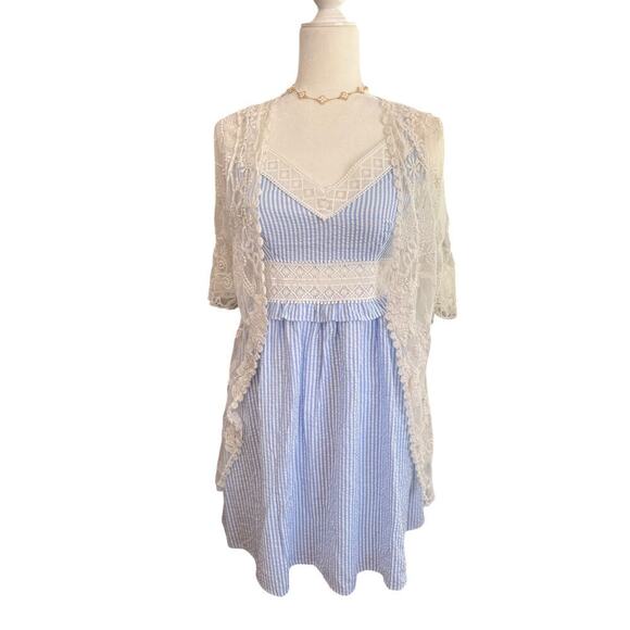 Cupshe Blue & White Stripe Lace Ruffled Mini Dress - Picture 3 of 14